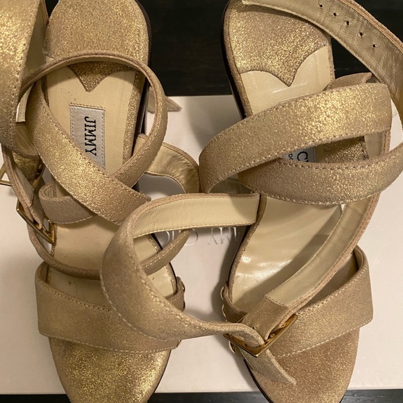 Jimmy Choo Gold Metallic Suede Wood Heel Studs Double Ankle Strap Sandal 38 - Picture 5 of 5